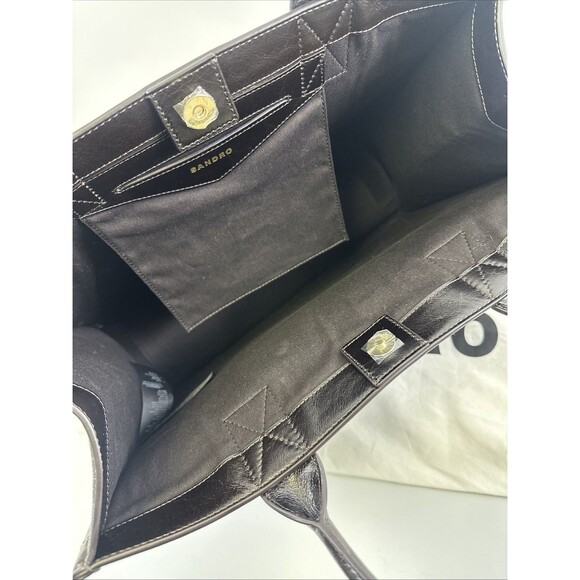 SANDRO Kasbah Large Tote Bag Smooth Leather Chocolat Brown Handbag Purse Snap - Picture 8 of 16